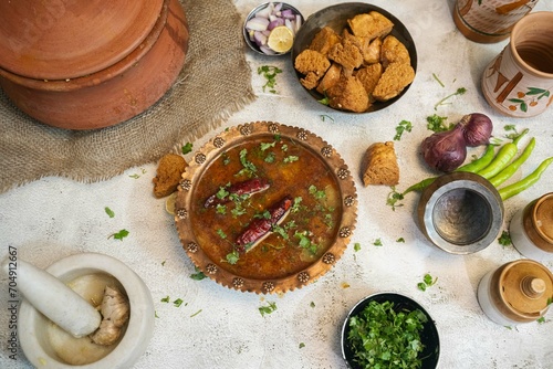 Daal Baati is a popular Healthy food from Rajasthan, India. The very popular Rajasthani cuisine dal bati, Indian state of Rajasthan's famous food Dal Bati and Curry bati. Traditional Rajasthani Food. photo