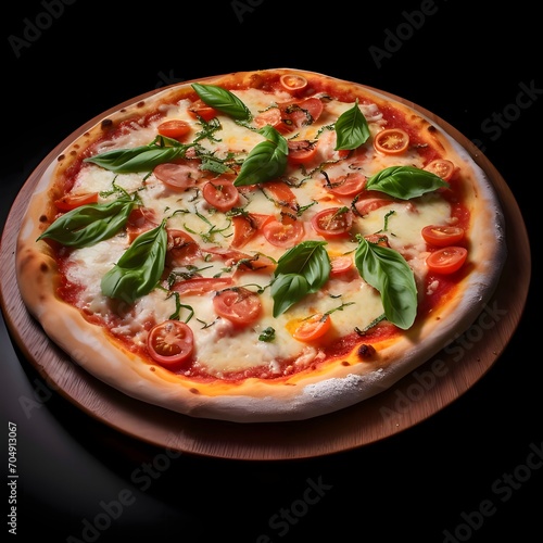 Round pizza with cheese, ham, basil, tomatoes spices on a wooden kitchen board. Side view. Dark background.