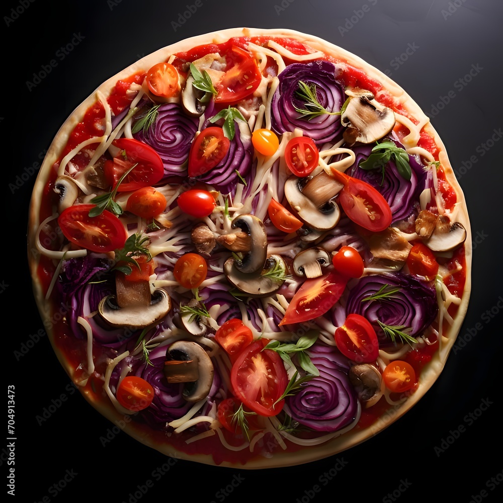 Round pizza with cheese, ham, salami, tomatoes, onions, basil, mushrooms, spices.Around the decoration with vegetables and spices. Top view.