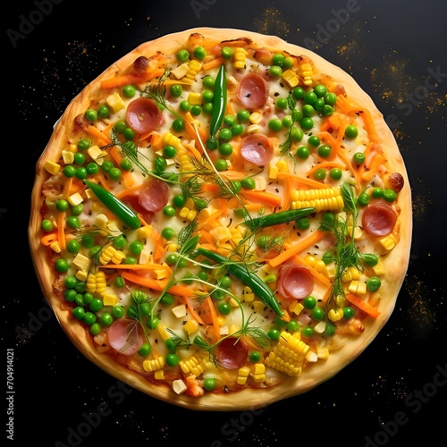 Round pizza with cheese, ham, corn, chili peppers, peas, spices. Top view.