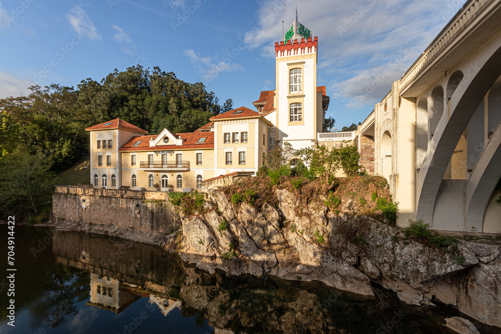 Puente Viesgo, Spain. The Gran Hotel Balneario (Great Hotel Spa) and the bridge over the river Pas