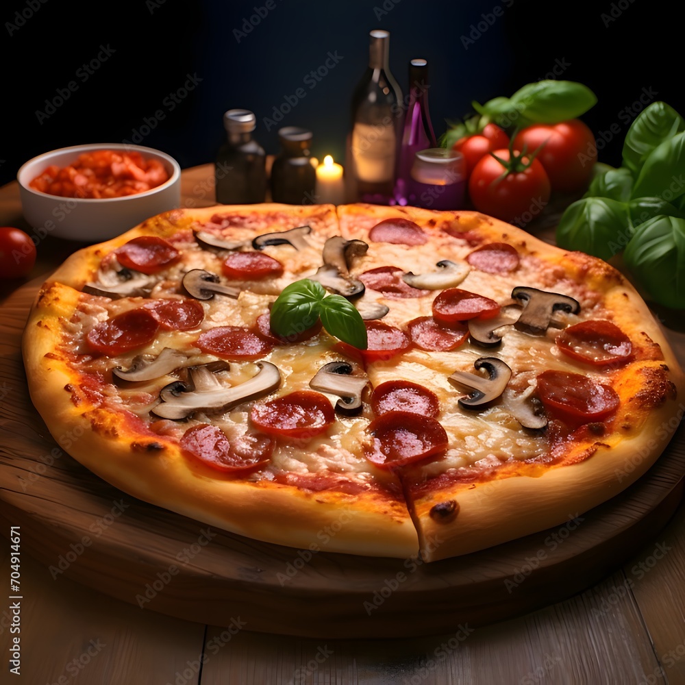 Round pizza with cheese, ham, basil, mushrooms, tomatoes, spices on a wooden kitchen board. Decorations of vegetables and spices all around. Side view. Dark background.