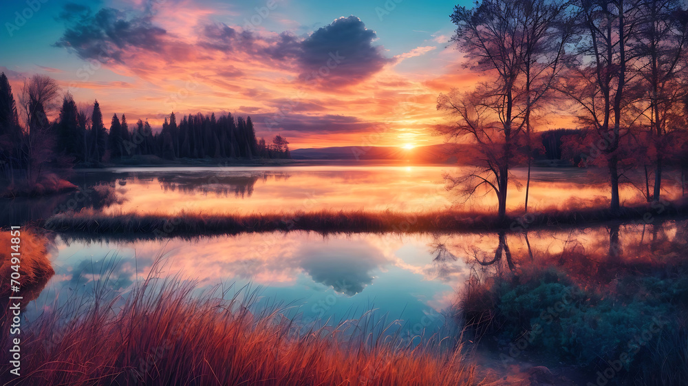 beautiful Sunset in lake. Sunset landscape, panorama Sunset in beautiful nature. 
