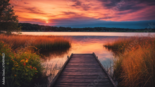beautiful sunset in lake with panorama dock in beautiful nature. Summer Landscape nature.