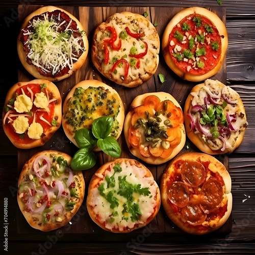 Many small round pizzas on a wooden kitchen board. The view from above.