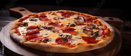 Round pizza with cheese, onions, mushrooms, spices on a wooden kitchen board. Side view.