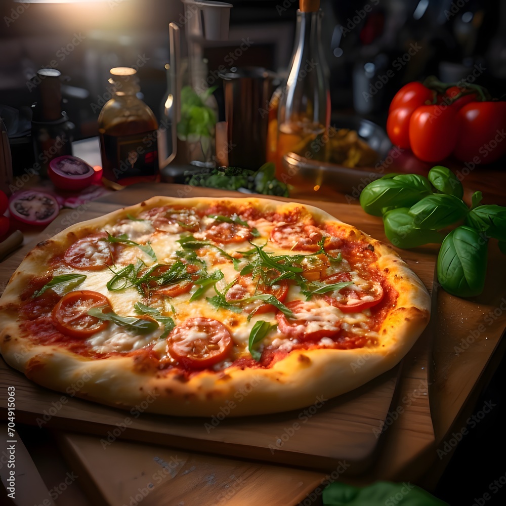 Round pizza with cheese, ham, salami, tomatoes, basil, spices on a wooden kitchen board. Around the decoration with vegetables and spices. Side view.