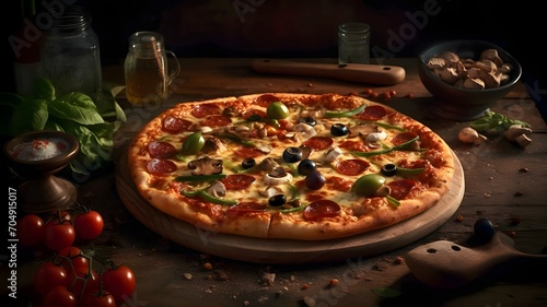 Round pizza with cheese, ham, mushrooms, olives, spices on a wooden kitchen board. Around the decoration with vegetables and spices. Side view.