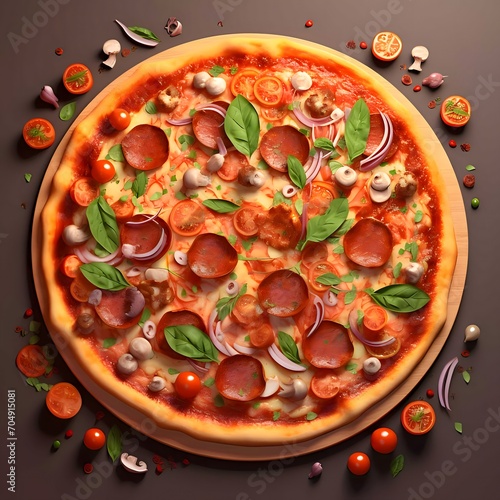 Round pizza with cheese, salami, ham, tomatoes, basil, spices.Around decorations with vegetables and spices. Top view.