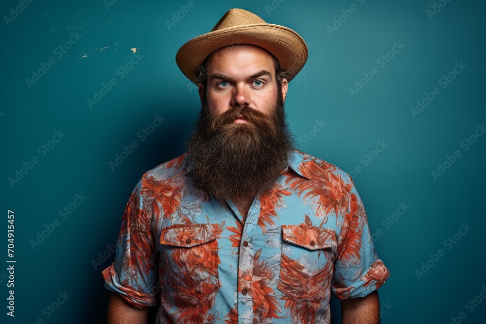 Bearded man in a summer shirt and straw hat. Studio shot.