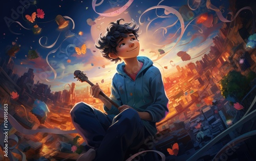 A character who communicates solely through music, expressing emotions and ideas through melodies, Symphony of Emotions: A Musical Communicative Protagonist. photo