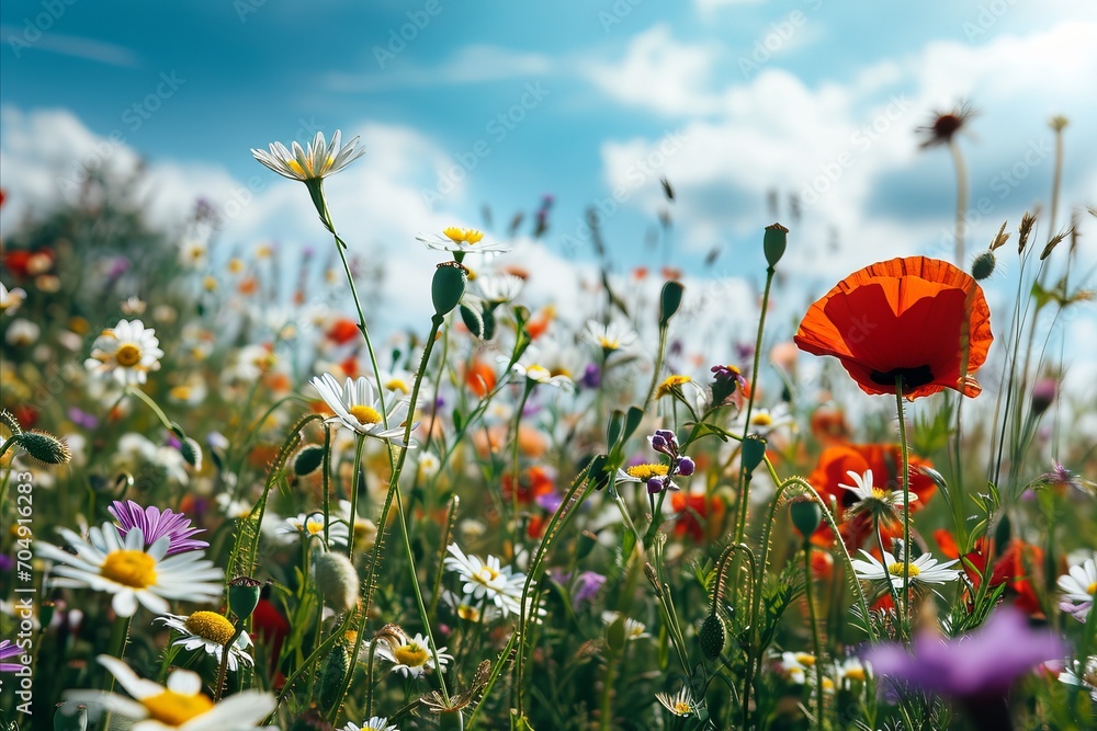 Obraz premium A lush field of various wildflowers against a bright blue sky backdrop.