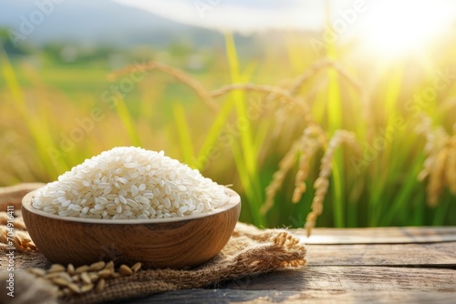 White rice with sunset time background. photo