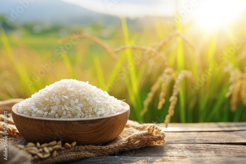 White rice with sunset time background.