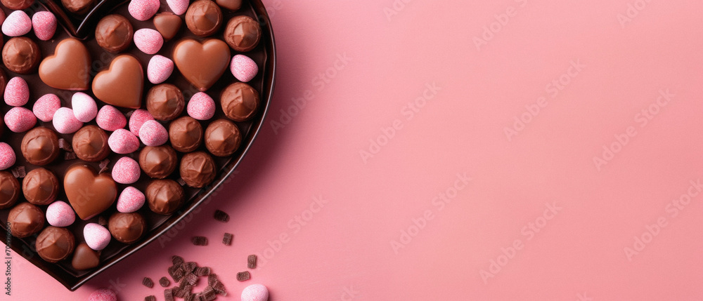 Chocolate candies in heart shape box on pink background, top view. Chocolate candies in heart shape box on pink background, top view.