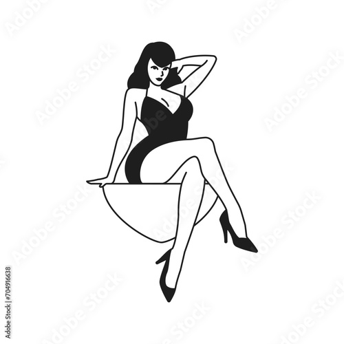 Y2k beautiful pin up woman sitting cartoon fashion monochrome line retro groovy icon vector