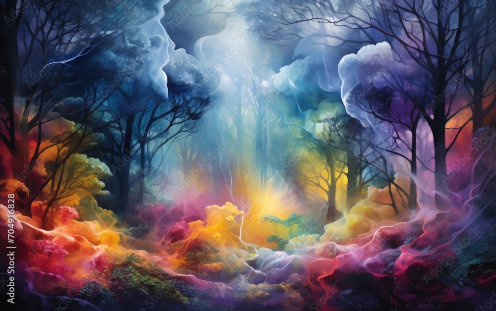 Colorful smoke, In a mystical forest, envision trees exhaling vibrant trails of abstract smoke that dance with the wind.