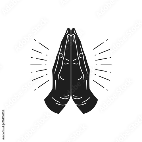 Y2k praying connected hands religious sacred gesture monochrome line retro groovy icon vector
