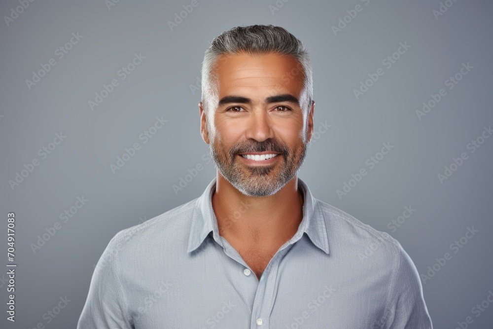 Handsome middle-aged man in shirt and grey background. Handsome middle-aged man in shirt and grey background.