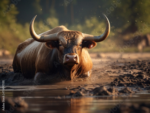 A bull is walking in the mud. © Thebt