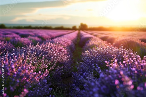 The early morning sun brings life to a sprawling field of lavender, with rows converging in the distance under a vivid sky