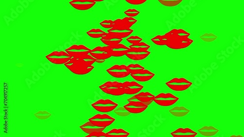 Animation of red and sexy lips falling from top to bottom. Women's lips rain concept with green screen background great for sign of love, kisses and passion.