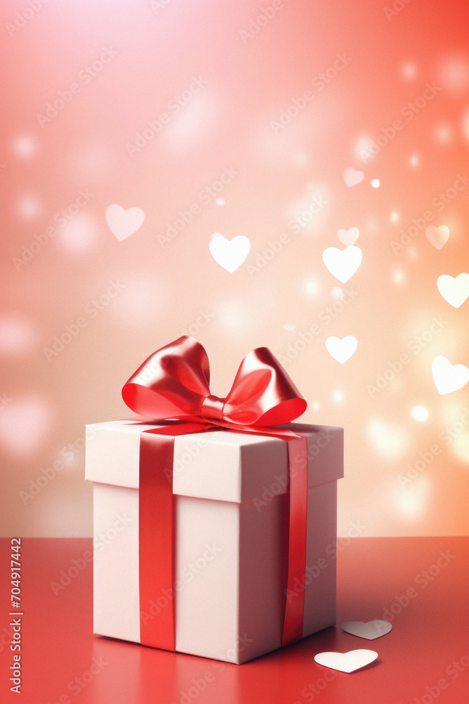 Gift box with red bow on colorful bokeh background.