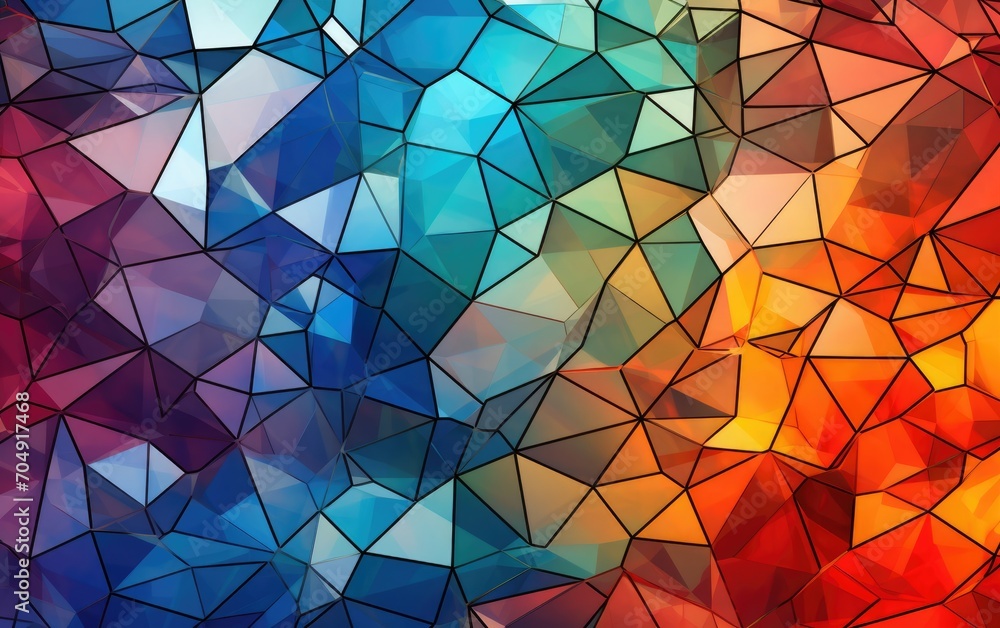 Abstract colorful object, A crystalline lattice of interconnected polygons, each facet radiating a different color.