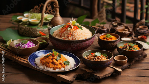  Vibrant colors and intricate textures of your favorite Rice Thai dishes beautifully arranged on a rustic wooden table