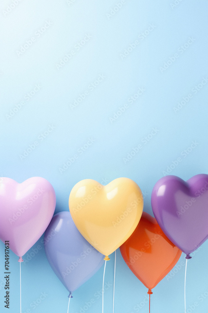 Colorful balloons in the shape of heart on blue background with copy space.