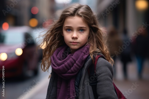 Portrait of a little girl with long hair in a city street
