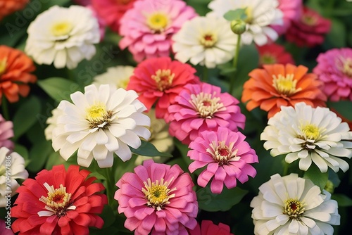 Delicate white and pink or salmon colored zinnia flowers on flowerbed. Summer gentle floral background with blossoming zinnias on defocussed green leaves backdrop