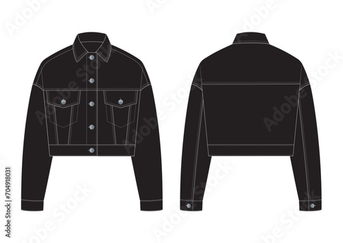 Vector fashion technical drawing of a contrast stitch cropped jacket with front and back view. Front pockets. Silver metal buttons. Woven fabric.
