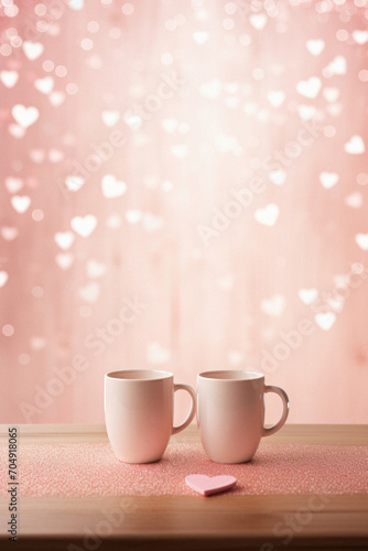 Two cups of coffee on wooden table with hearts bokeh background