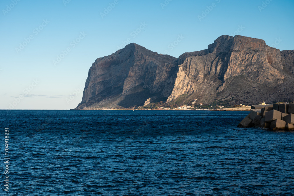 Landscape view over the blue sea and the Capo Gallo at Isola delle Femmine, Italy