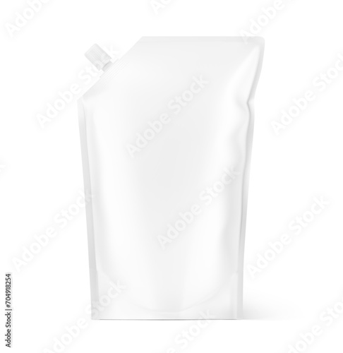 Pouch bag mockup with corner spout. Vector illustration isolated on white background. Front view. Can be use for template your design, presentation, promo, ad. EPS10.