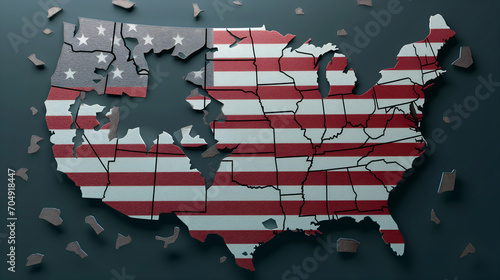 USA map with flag colors crumbling, symbolizing national disunity and fragmentation, isolated on dark background photo