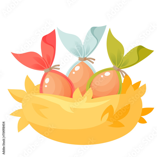 Easter eggs with colorful ears in a nest made of straw. Festive composition, vector illustration on a white background. Cartoon nest with three eggs.Happy Easter. Design for Easter cards, banners.