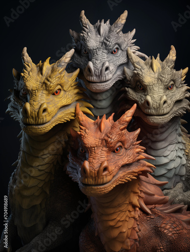 Four kind dragons smiling together at camera on dark background.... © glebchik