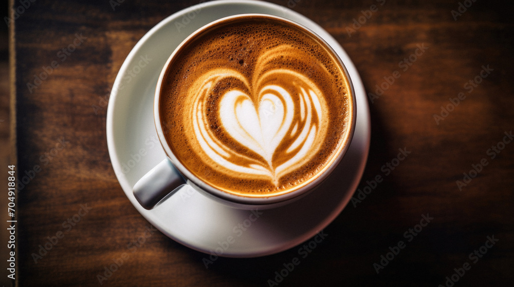 Hot latte art coffee in a cup on wooden table background. Hot latte art coffee in a cup on wooden table background.