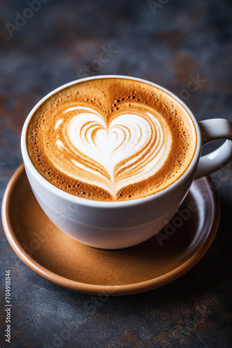 Coffee cup with heart shape latte art on dark background.