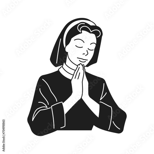 Y2k praying nun spiritual religious woman portrait monochrome line retro groovy icon vector