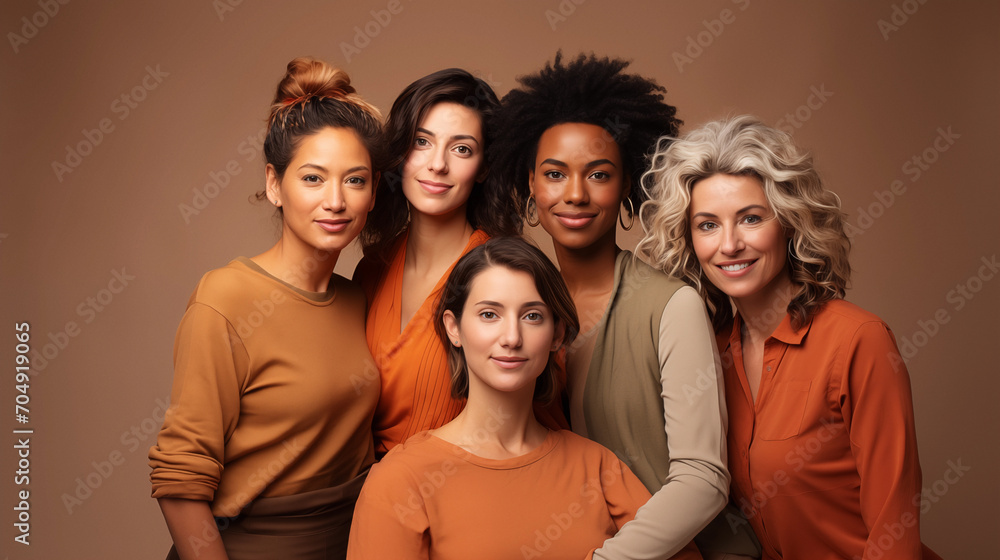 Fototapeta premium Portrait of five women on caramel background