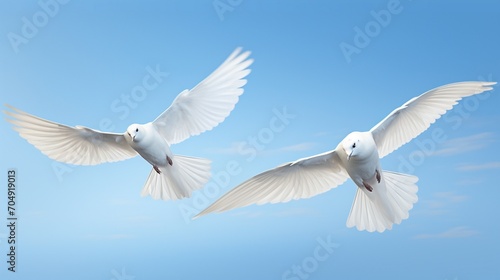 Two elegant white birds in flight against the clear blue sky, their synchronized wings creating a mesmerizing display of natural grace and aerial ballet.