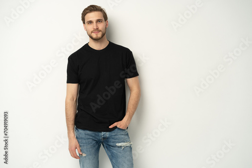 Portrait of happy casual handsome man smiling, Mid adult guy Isolated on white background, copy space photo