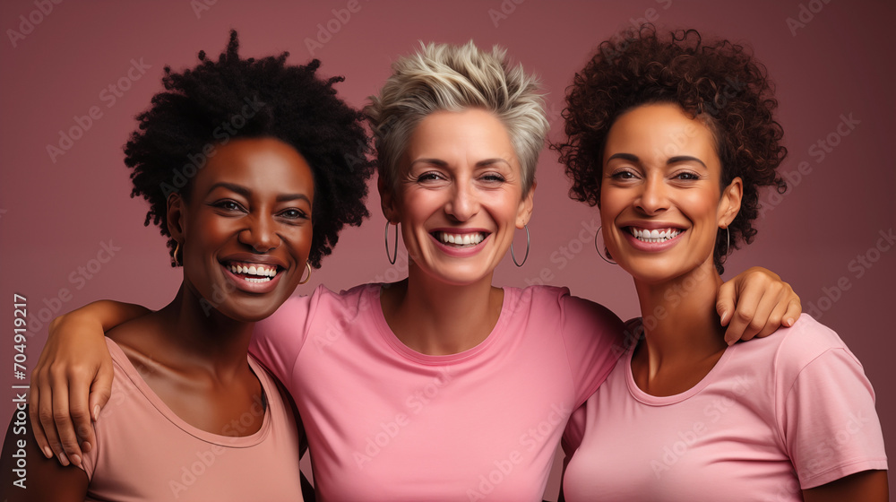 Portrait of three women wearing pink T-shirts