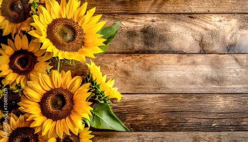 Sunflowers on a rustic wooden background