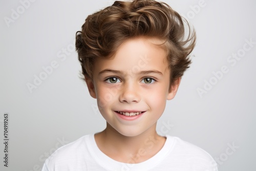 closeup portrait of a cute little boy in white t-shirt