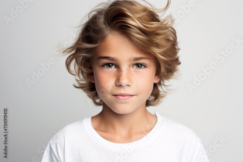 Portrait of a beautiful little girl with blond curly hair. Studio shot.