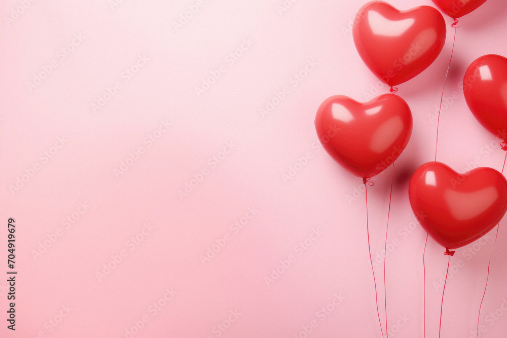 Valentine's day background with red heart balloons on pink background.